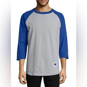Champion Men's Raglan Baseball T Shirt 3/4 Sleeve Logo Patch Casual Athletic S